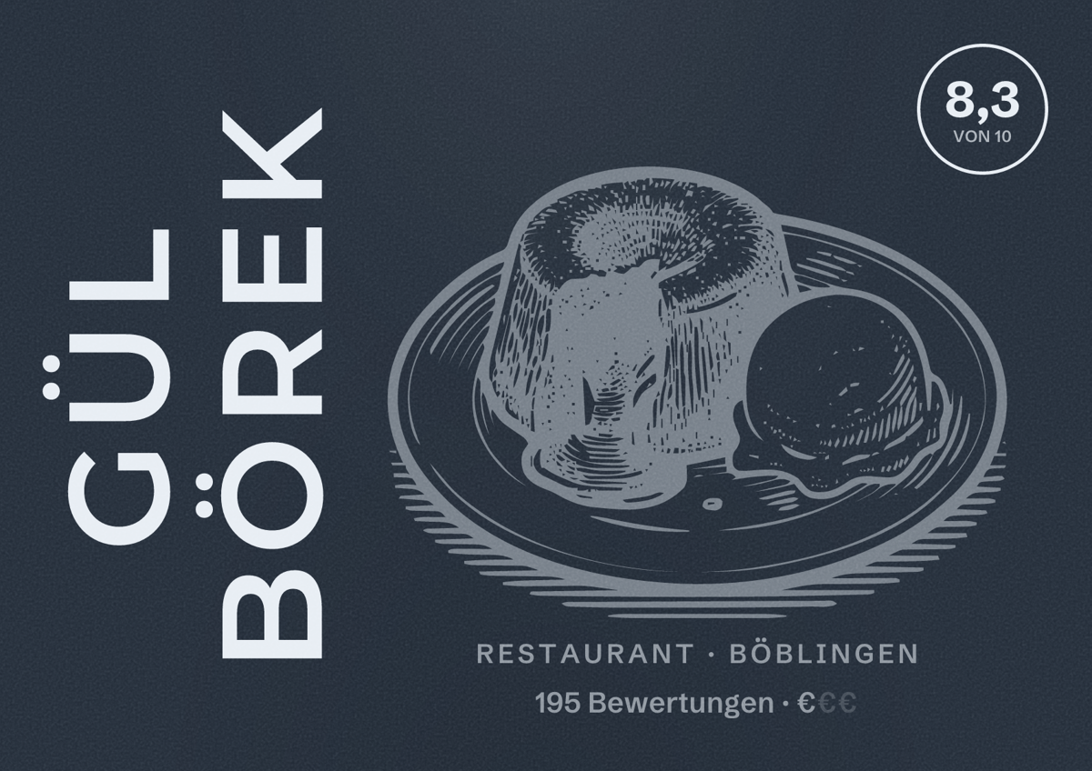 Illustriertes Poster von Gül Börek, Restaurant in Böblingen: Bewertung 8,3 von 10 aus 195 Bewertungen, Preisniveau €