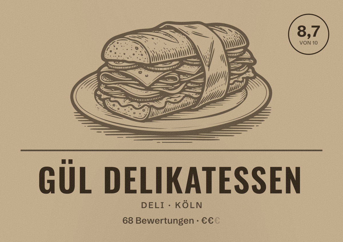 Illustriertes Poster von Gül Delikatessen, Deli in Köln: Bewertung 8,7 von 10 aus 68 Bewertungen, Preisniveau €€