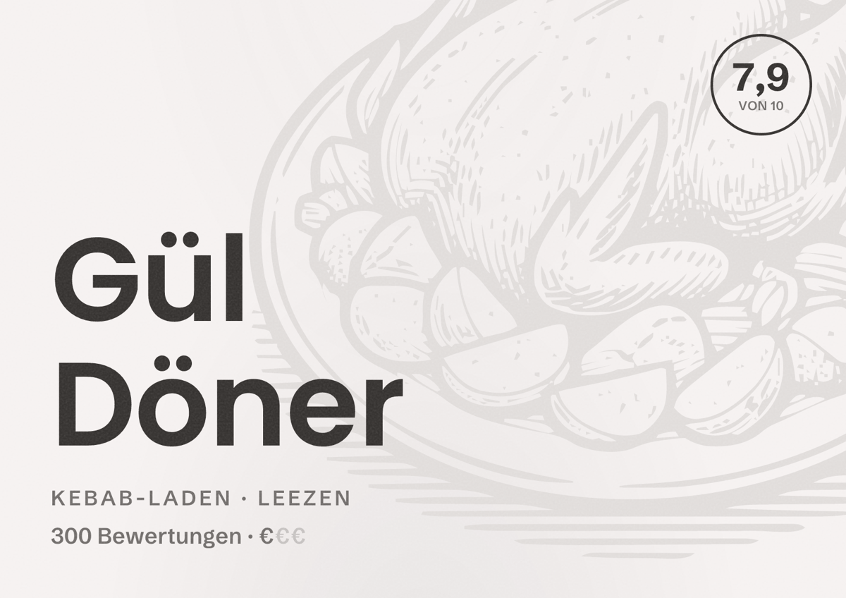 Illustriertes Poster von Gül Döner, Kebab-Laden in Leezen: Bewertung 7,9 von 10 aus 300 Bewertungen, Preisniveau €