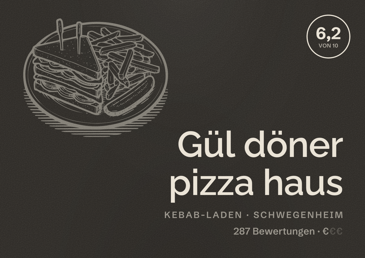 Illustriertes Poster von Gül döner pizza haus, Kebab-Laden in Schwegenheim: Bewertung 6,2 von 10 aus 287 Bewertungen, Preisniveau €