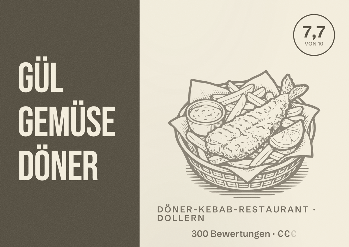 Illustriertes Poster von Gül gemüse döner, Döner-Kebab-Restaurant in Dollern: Bewertung 7,7 von 10 aus 300 Bewertungen, Preisniveau €€