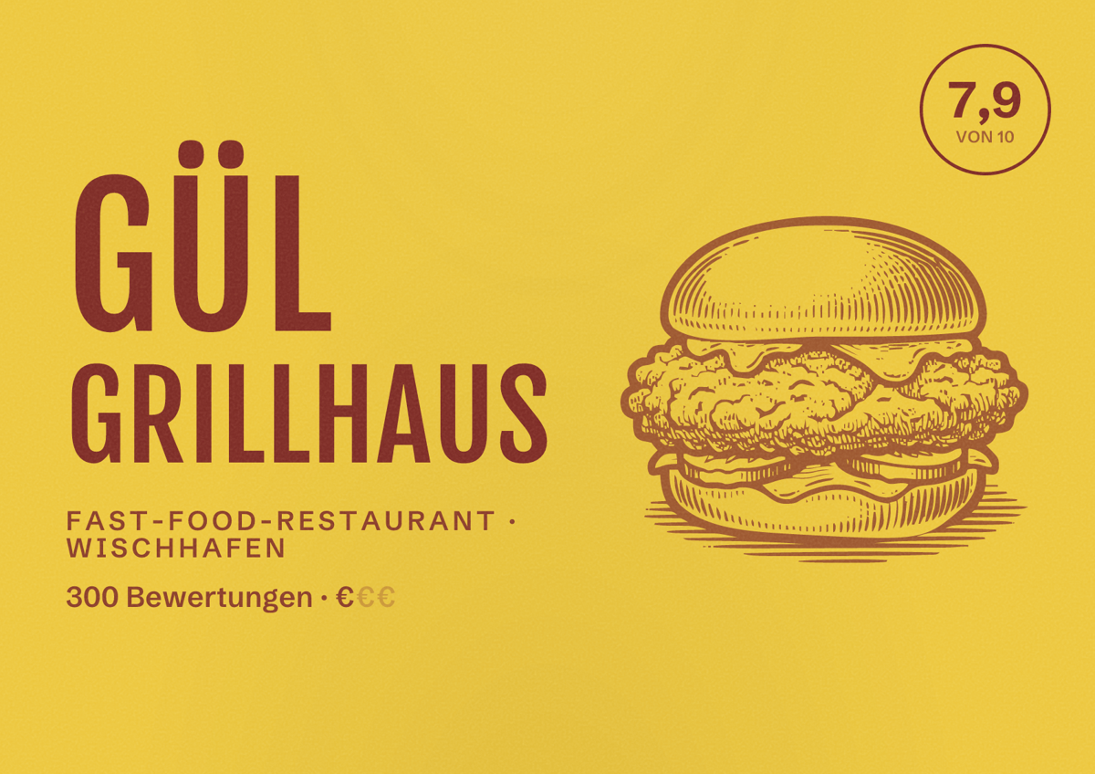 Illustriertes Poster von Gül Grillhaus, Fast-Food-Restaurant in Wischhafen: Bewertung 7,9 von 10 aus 300 Bewertungen, Preisniveau €