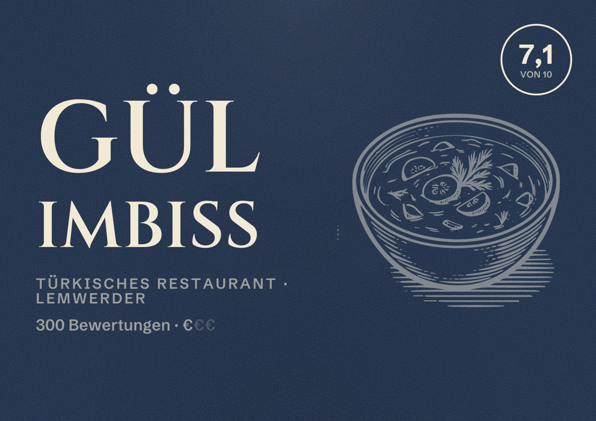 Illustriertes Poster von Gül Imbiss, Türkisches Restaurant in Lemwerder: Bewertung 7,1 von 10 aus 300 Bewertungen, Preisniveau €