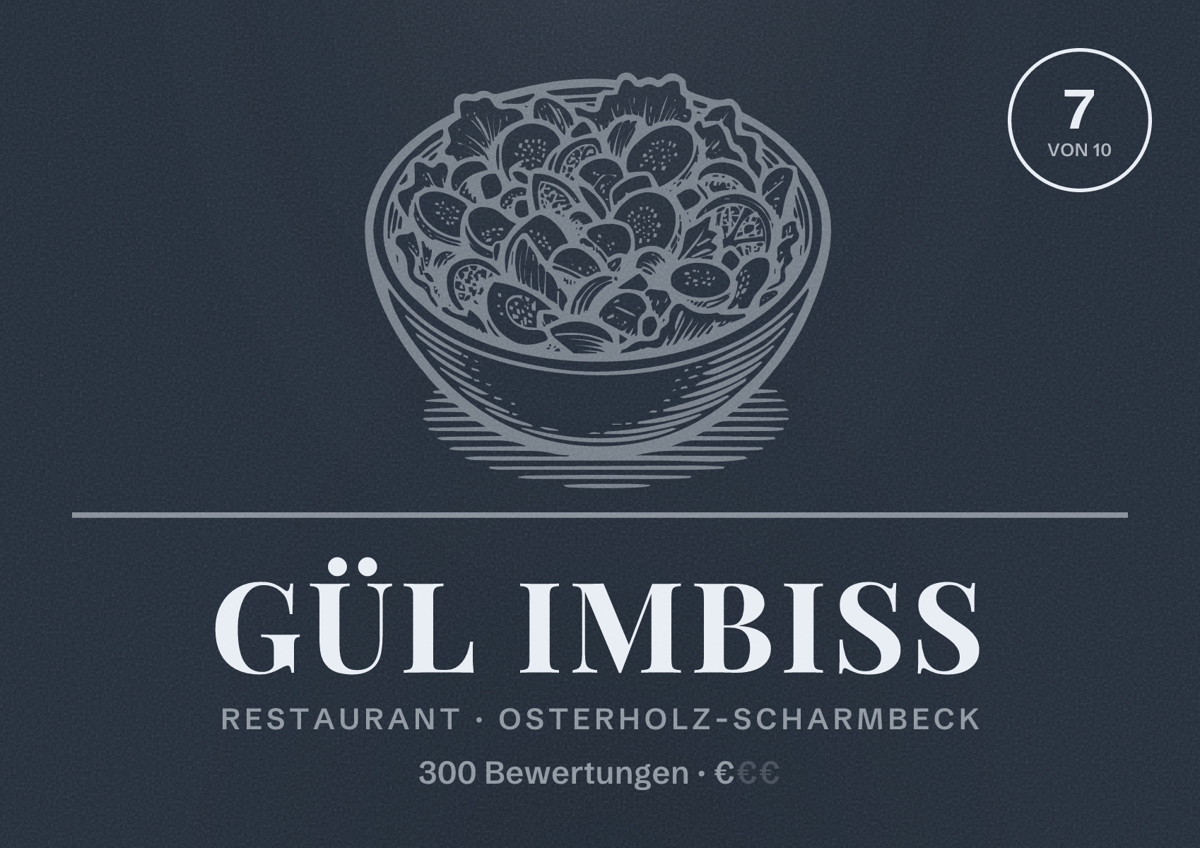 Illustriertes Poster von Gül Imbiss, Restaurant in Osterholz-Scharmbeck: Bewertung 7 von 10 aus 300 Bewertungen, Preisniveau €
