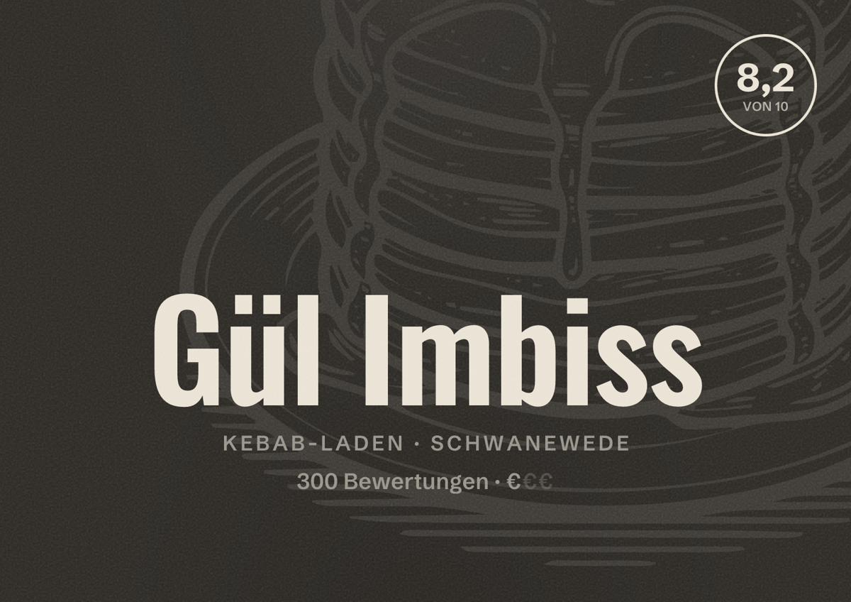 Illustriertes Poster von Gül Imbiss, Kebab-Laden in Schwanewede: Bewertung 8,2 von 10 aus 300 Bewertungen, Preisniveau €
