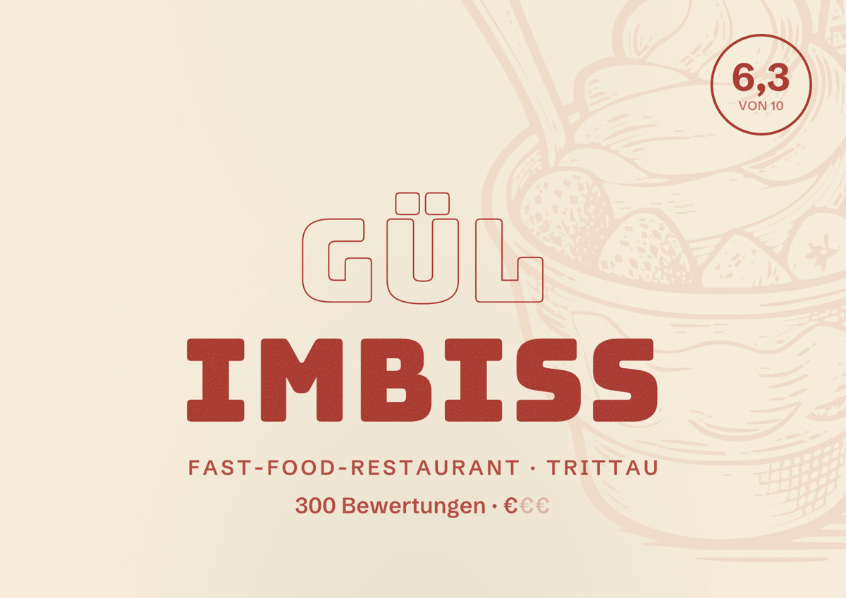 Illustriertes Poster von Gül Imbiss, Fast-Food-Restaurant in Trittau: Bewertung 6,3 von 10 aus 300 Bewertungen, Preisniveau €