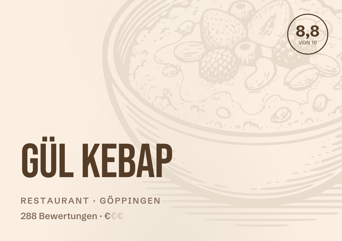 Illustriertes Poster von Gül kebap, Restaurant in Göppingen: Bewertung 8,8 von 10 aus 288 Bewertungen, Preisniveau €