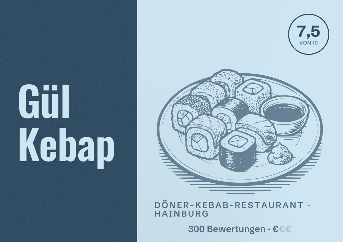 Illustriertes Poster von Gül Kebap, Döner-Kebab-Restaurant in Hainburg: Bewertung 7,5 von 10 aus 300 Bewertungen, Preisniveau €