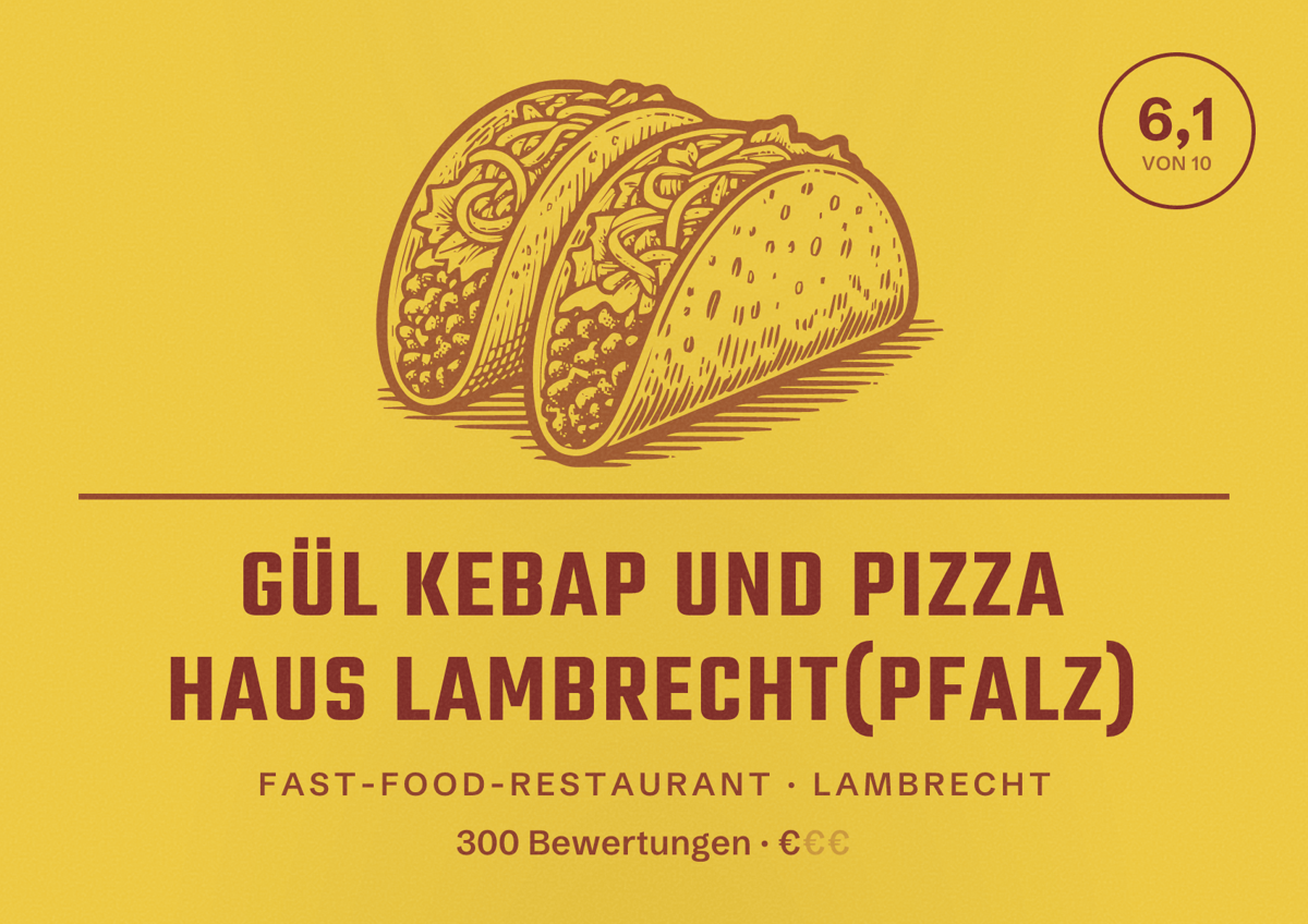 Illustriertes Poster von Gül Kebap und Pizza Haus Lambrecht(Pfalz), Fast-Food-Restaurant in Lambrecht: Bewertung 6,1 von 10 aus 300 Bewertungen, Preisniveau €