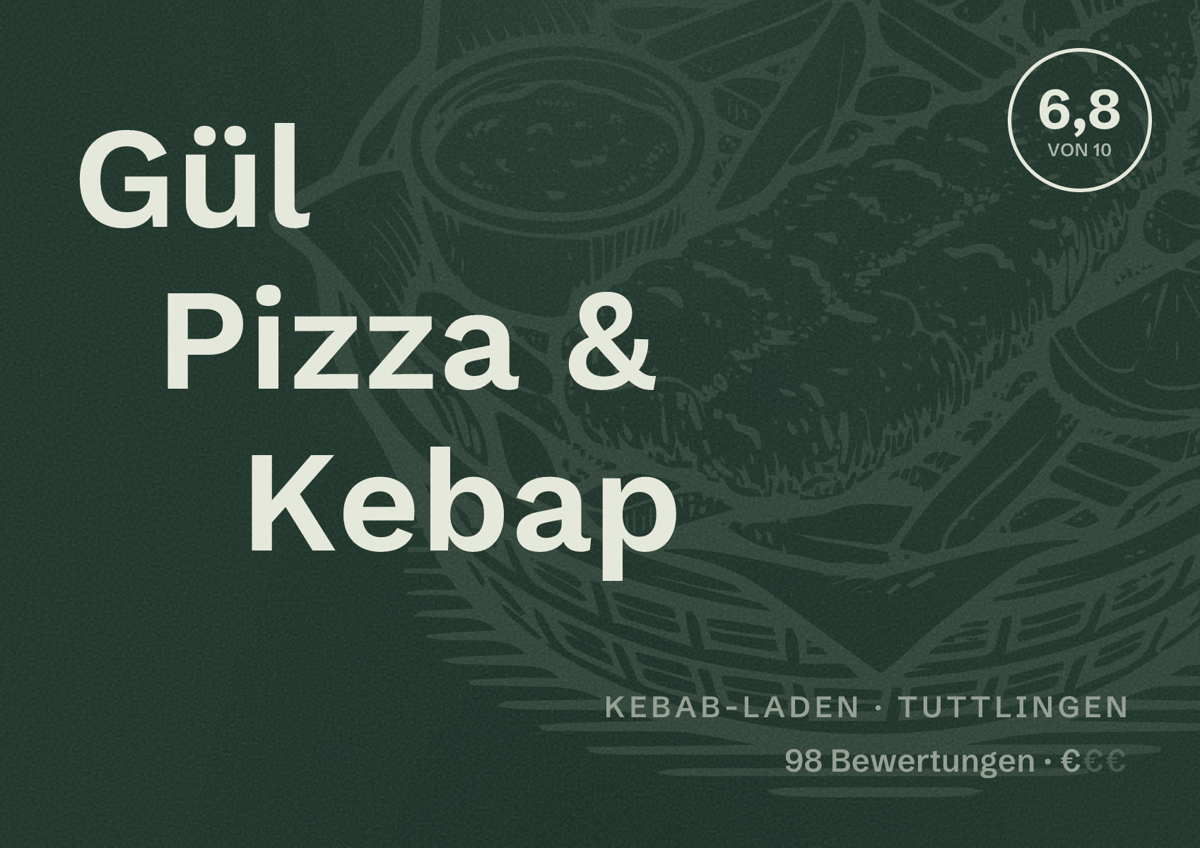 Illustriertes Poster von Gül Pizza & Kebap, Kebab-Laden in Tuttlingen: Bewertung 6,8 von 10 aus 98 Bewertungen, Preisniveau €