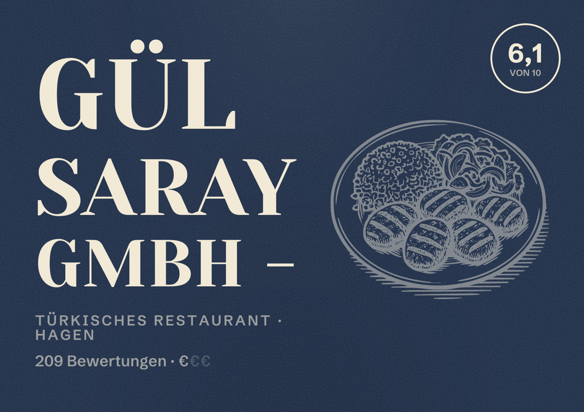 Illustriertes Poster von Gül Saray GmbH -, Türkisches Restaurant in Hagen: Bewertung 6,1 von 10 aus 209 Bewertungen, Preisniveau €