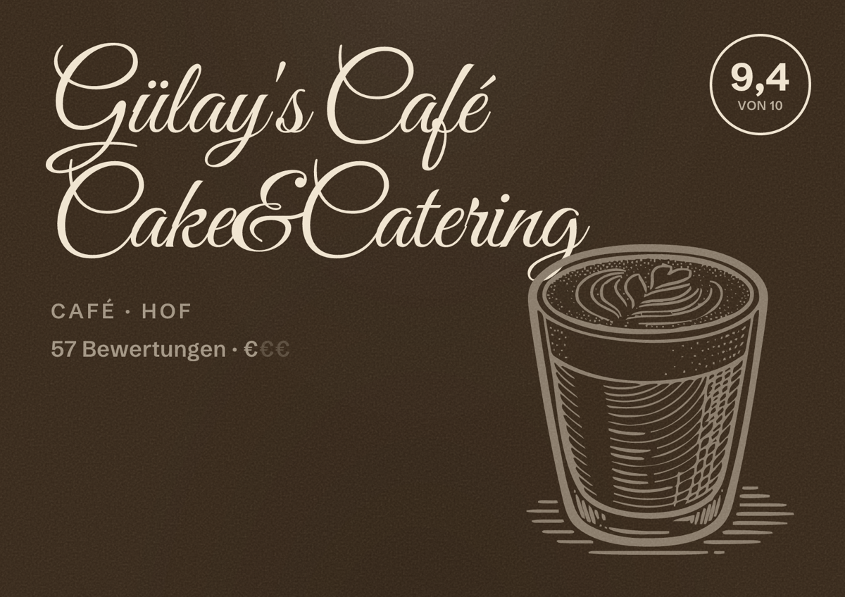 Illustriertes Poster von Gülay's Café Cake&Catering, Café in Hof: Bewertung 9,4 von 10 aus 57 Bewertungen, Preisniveau €