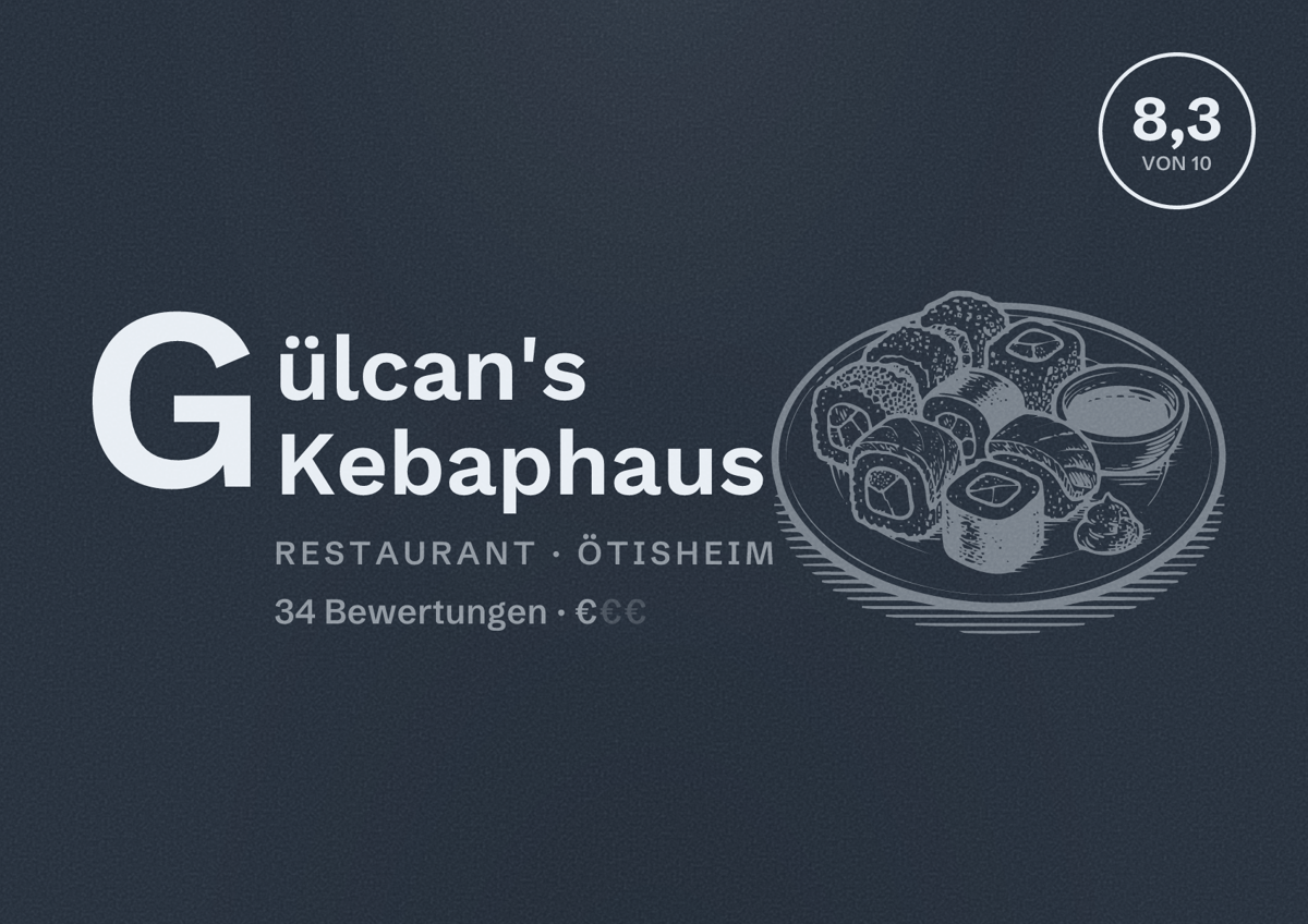 Illustriertes Poster von Gülcan's Kebaphaus, Restaurant in Ötisheim: Bewertung 8,3 von 10 aus 34 Bewertungen, Preisniveau €