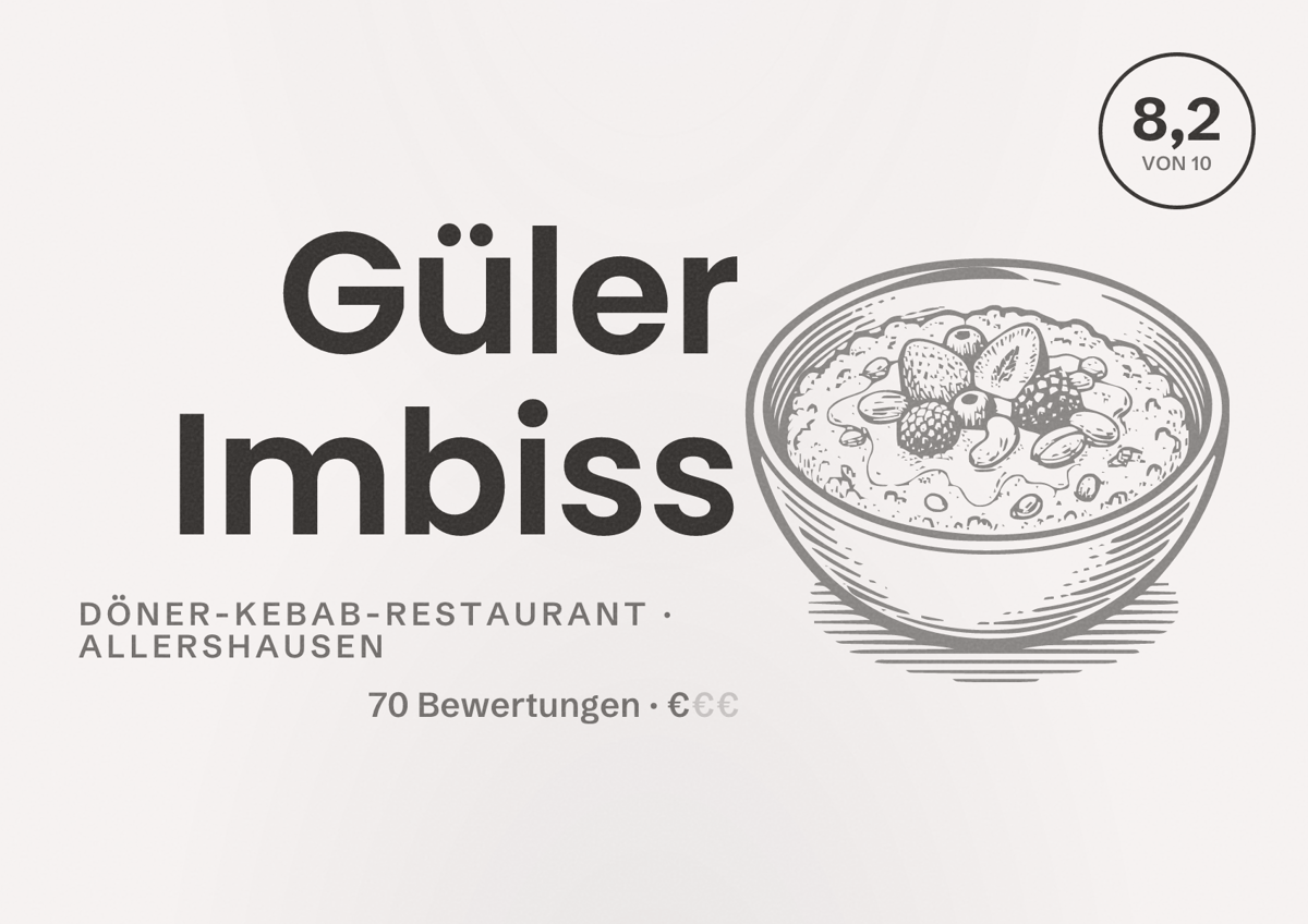 Illustriertes Poster von Güler Imbiss, Döner-Kebab-Restaurant in Allershausen: Bewertung 8,2 von 10 aus 70 Bewertungen, Preisniveau €