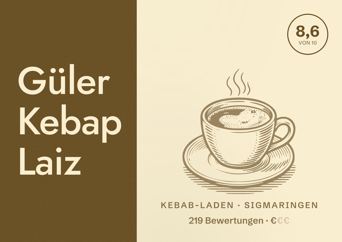 Illustriertes Poster von Güler Kebap Laiz, Kebab-Laden in Sigmaringen: Bewertung 8,6 von 10 aus 219 Bewertungen, Preisniveau €