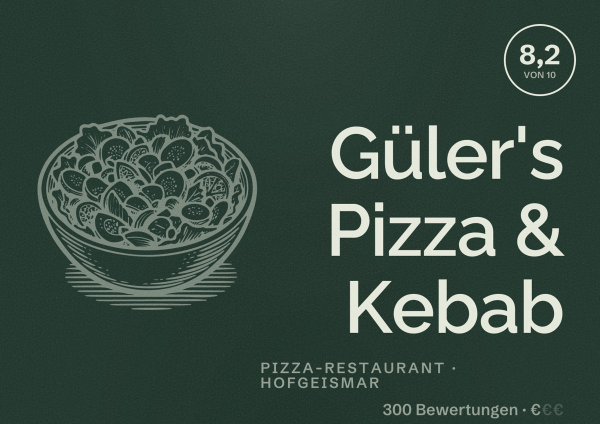 Illustriertes Poster von Güler's Pizza & Kebab, Pizza-Restaurant in Hofgeismar: Bewertung 8,2 von 10 aus 300 Bewertungen, Preisniveau €