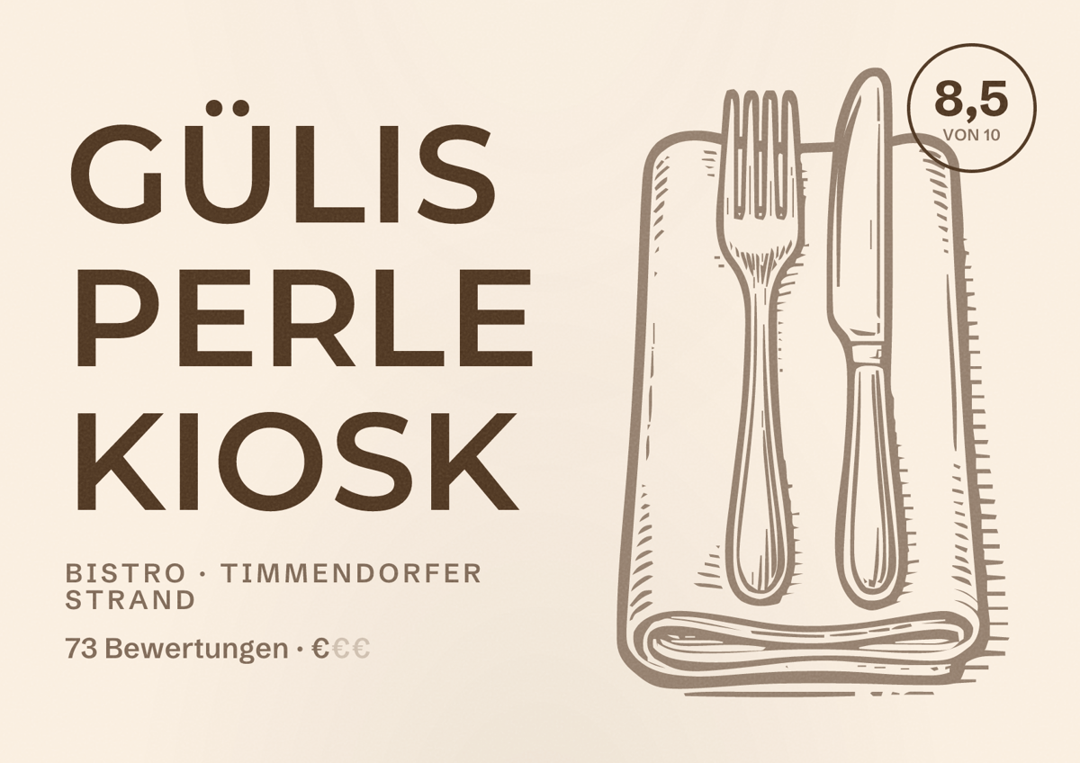 Illustriertes Poster von Gülis Perle Kiosk, Bistro in Timmendorfer Strand: Bewertung 8,5 von 10 aus 73 Bewertungen, Preisniveau €