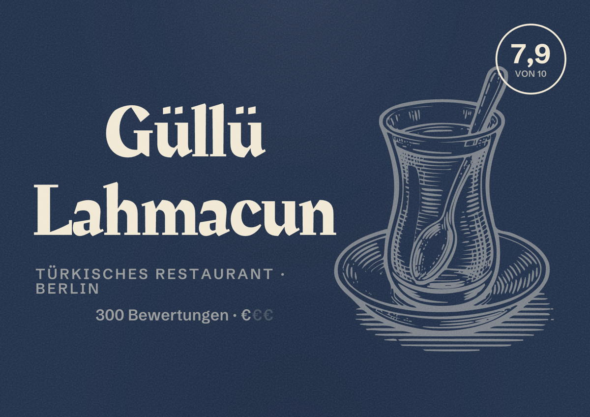 Illustriertes Poster von Güllü Lahmacun, Türkisches Restaurant in Berlin: Bewertung 7,9 von 10 aus 300 Bewertungen, Preisniveau €