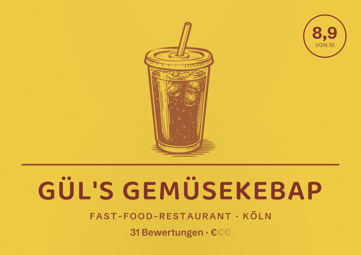 Illustriertes Poster von Gül's Gemüsekebap, Fast-Food-Restaurant in Köln: Bewertung 8,9 von 10 aus 31 Bewertungen, Preisniveau €