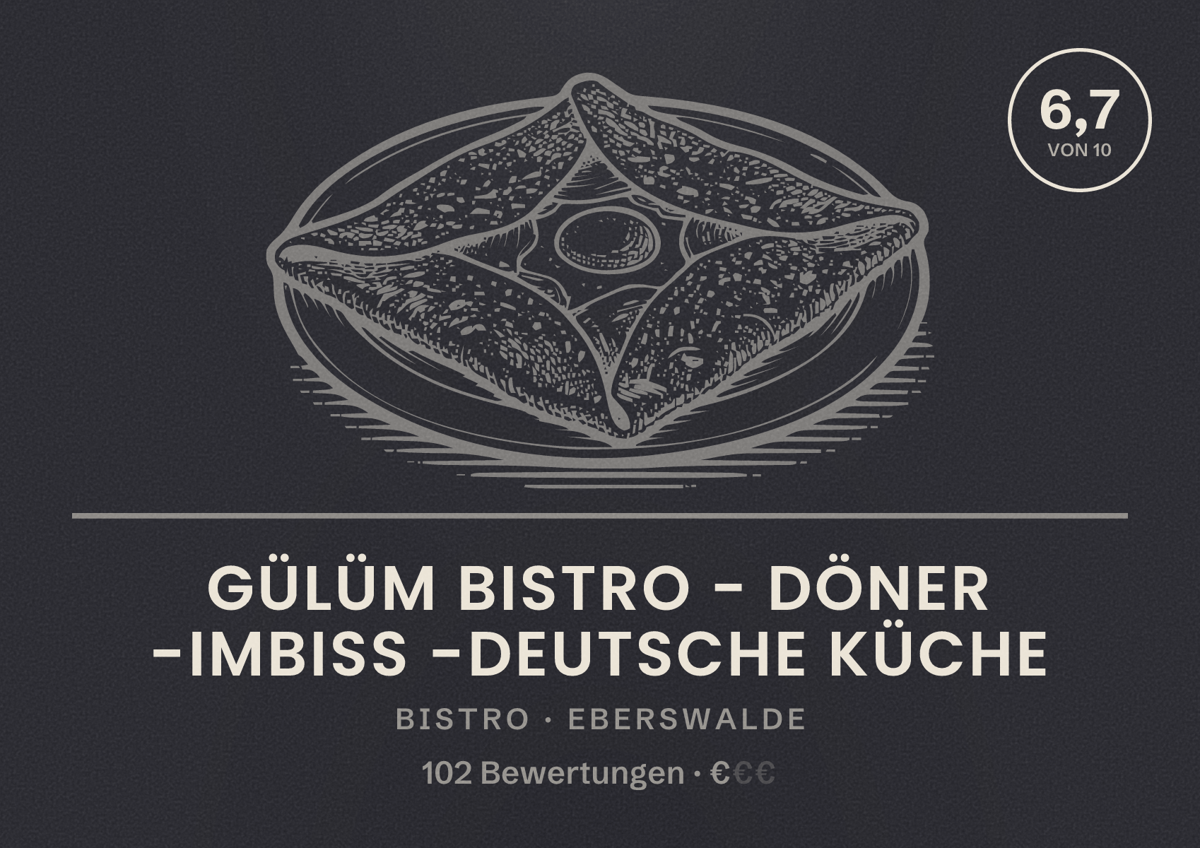 Illustriertes Poster von Gülüm Bistro - Döner -Imbiss -Deutsche Küche, Bistro in Eberswalde: Bewertung 6,7 von 10 aus 102 Bewertungen, Preisniveau €