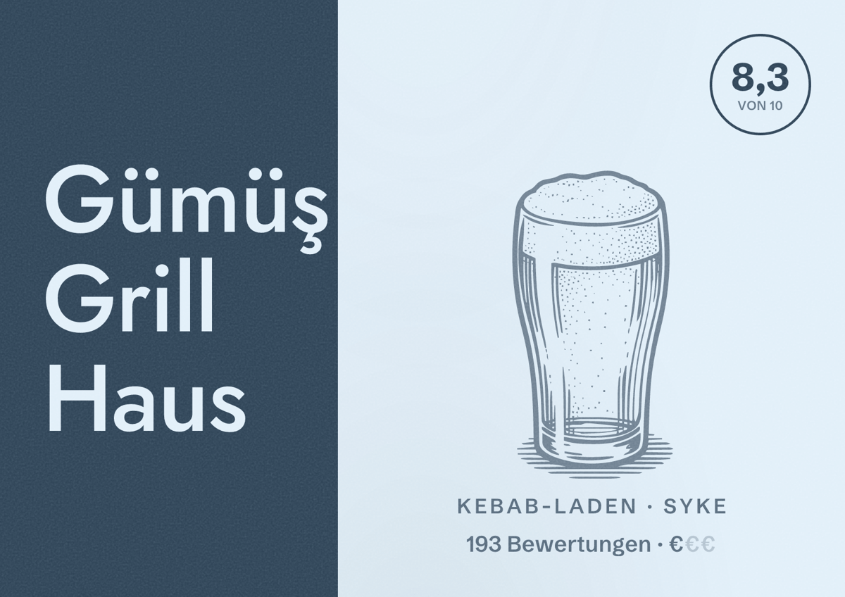 Illustriertes Poster von Gümüş Grill Haus, Kebab-Laden in Syke: Bewertung 8,3 von 10 aus 193 Bewertungen, Preisniveau €