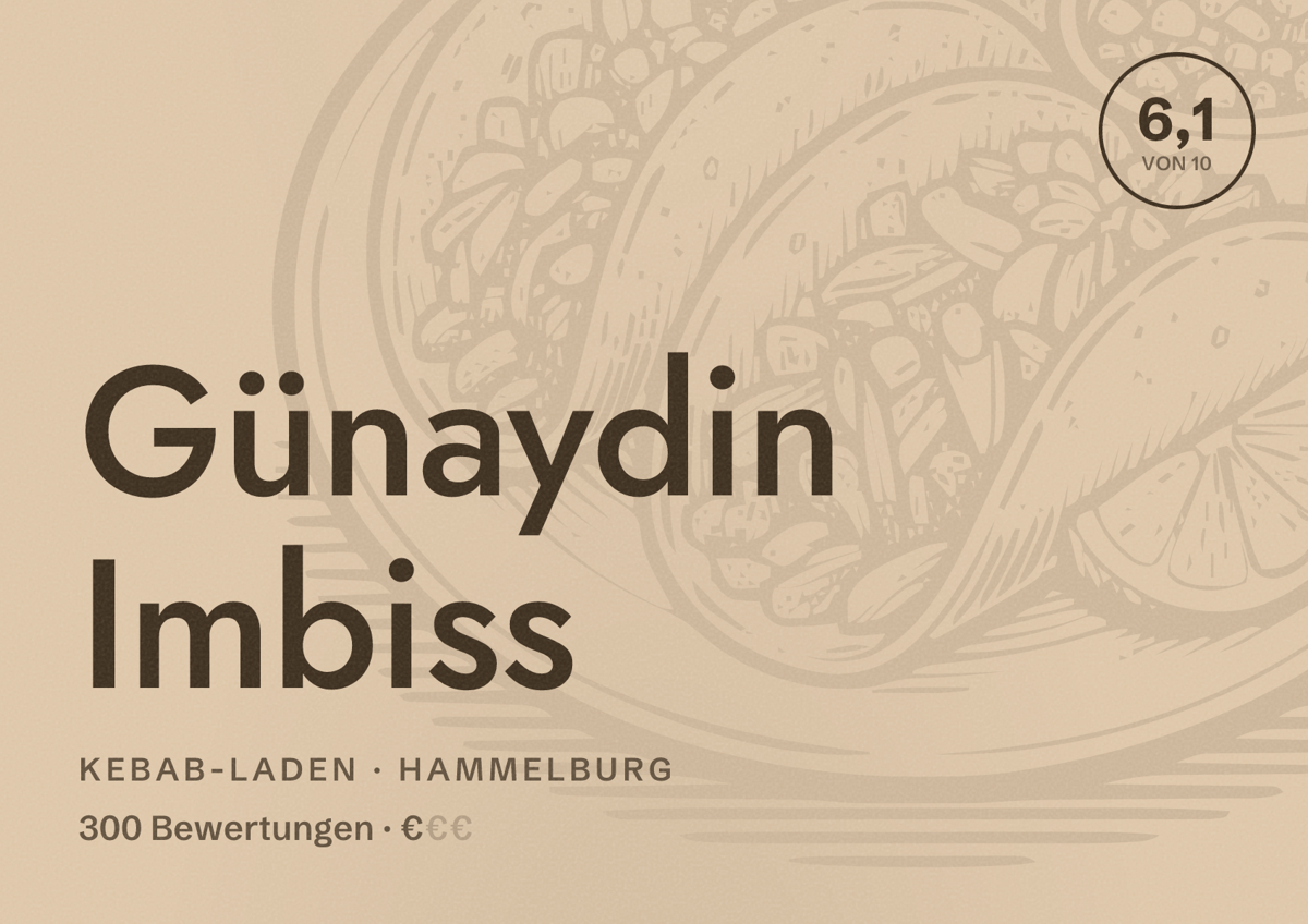 Illustriertes Poster von Günaydin Imbiss, Kebab-Laden in Hammelburg: Bewertung 6,1 von 10 aus 300 Bewertungen, Preisniveau €