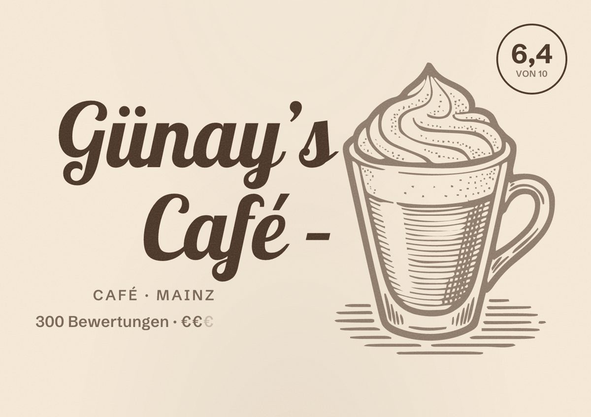 Illustriertes Poster von Günay’s Café –, Café in Mainz: Bewertung 6,4 von 10 aus 300 Bewertungen, Preisniveau €€
