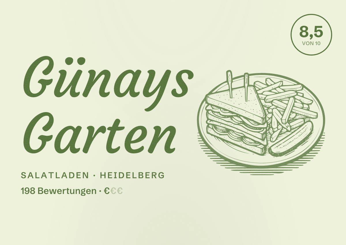 Illustriertes Poster von Günays Garten, Salatladen in Heidelberg: Bewertung 8,5 von 10 aus 198 Bewertungen, Preisniveau €