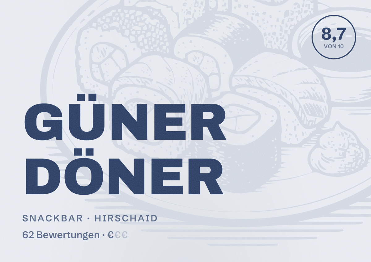 Illustriertes Poster von GÜNER DÖNER, Snackbar in Hirschaid: Bewertung 8,7 von 10 aus 62 Bewertungen, Preisniveau €