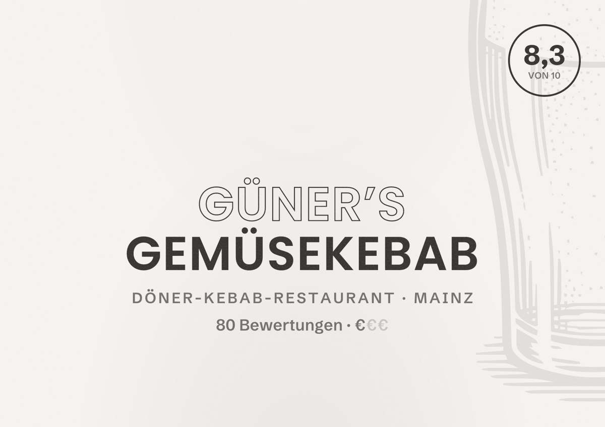 Illustriertes Poster von Güner’s Gemüsekebab, Döner-Kebab-Restaurant in Mainz: Bewertung 8,3 von 10 aus 80 Bewertungen, Preisniveau €