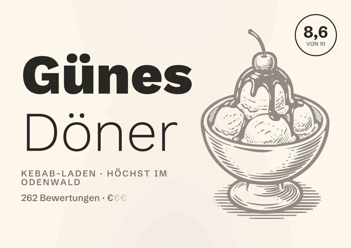 Illustriertes Poster von Günes Döner, Kebab-Laden in Höchst im Odenwald: Bewertung 8,6 von 10 aus 262 Bewertungen, Preisniveau €