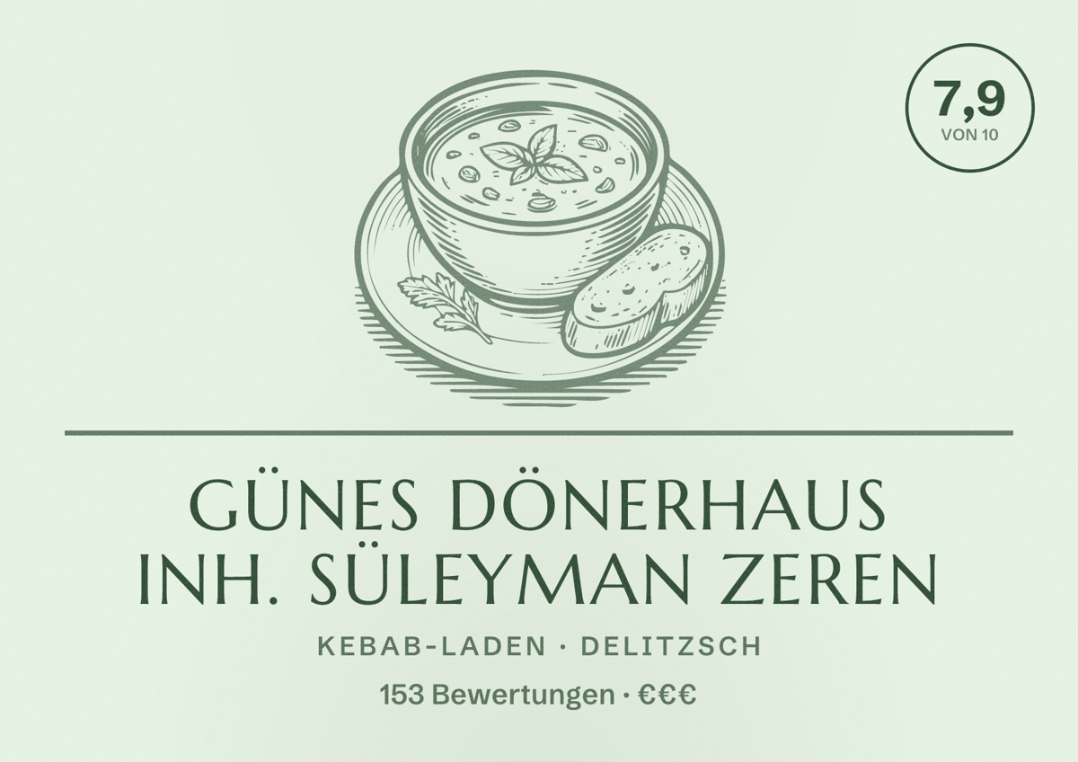 Illustriertes Poster von Günes Dönerhaus Inh. Süleyman Zeren, Kebab-Laden in Delitzsch: Bewertung 7,9 von 10 aus 153 Bewertungen, Preisniveau €€€