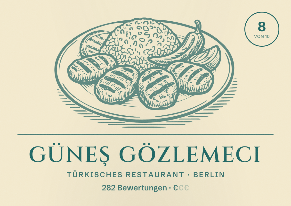 Illustriertes Poster von Güneş Gözlemeci, Türkisches Restaurant in Berlin: Bewertung 8,0 von 10 aus 282 Bewertungen, Preisniveau €