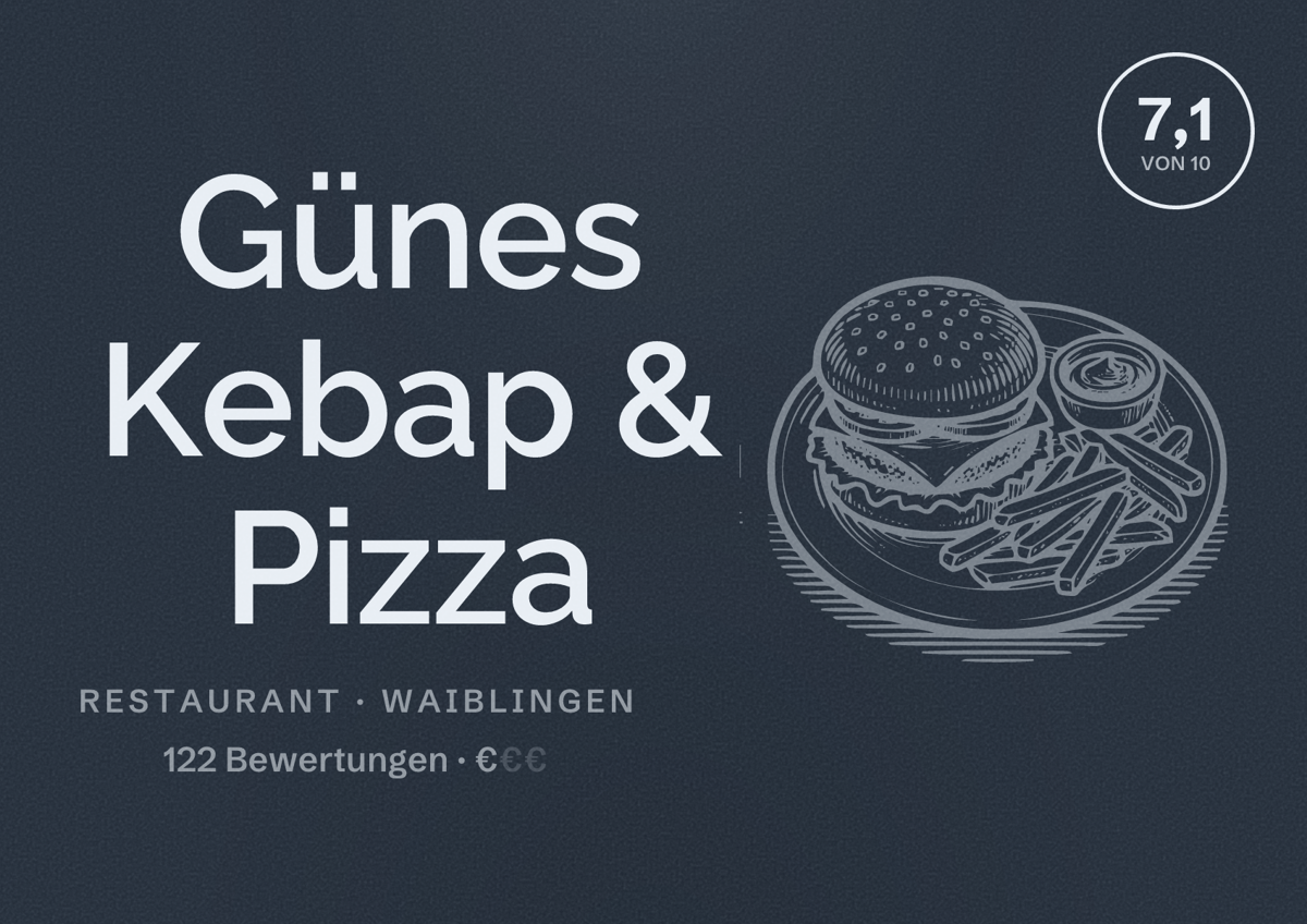 Illustriertes Poster von Günes Kebap & Pizza, Restaurant in Waiblingen: Bewertung 7,1 von 10 aus 122 Bewertungen, Preisniveau €