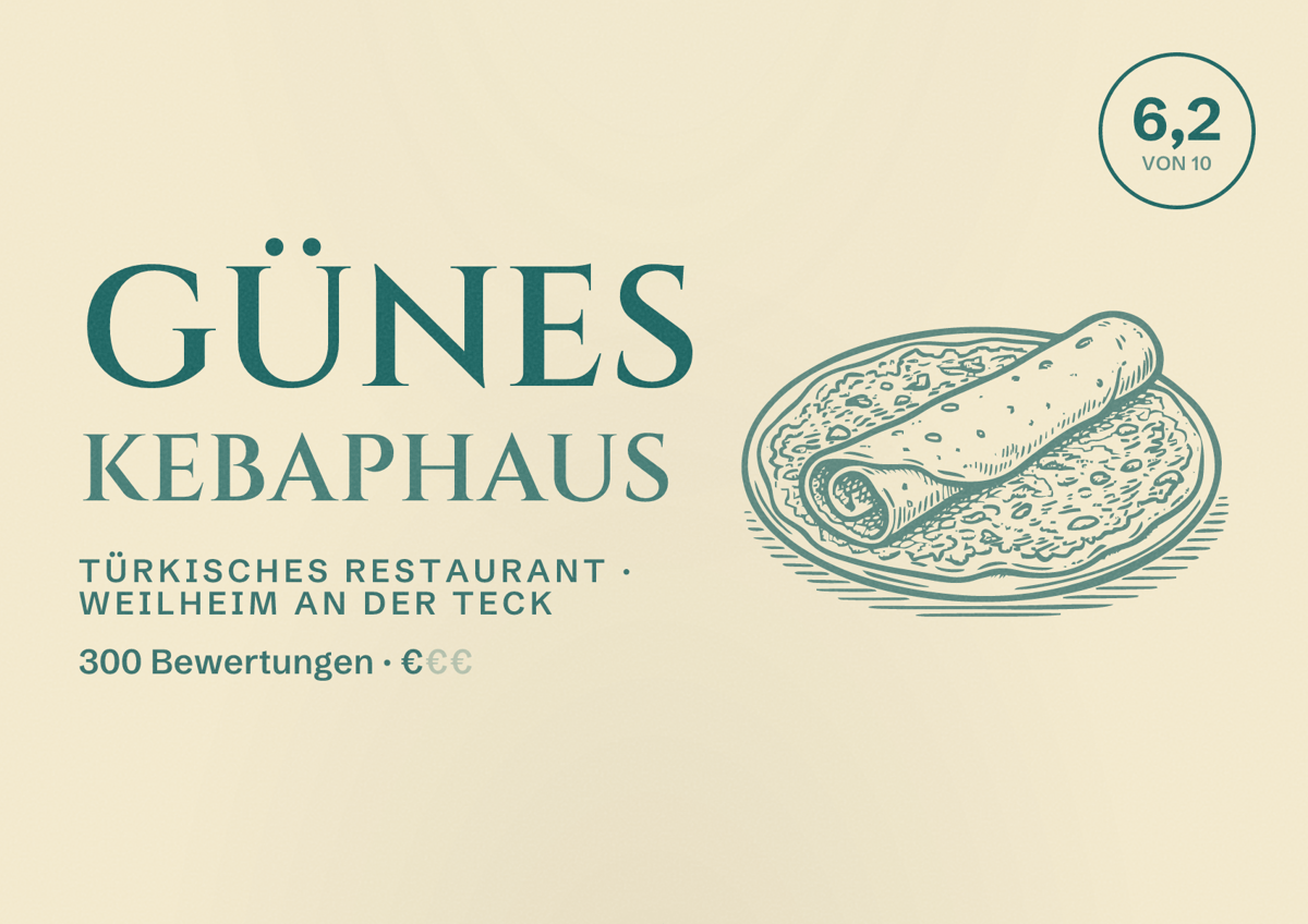 Illustriertes Poster von Günes Kebaphaus, Türkisches Restaurant in Weilheim an der Teck: Bewertung 6,2 von 10 aus 300 Bewertungen, Preisniveau €