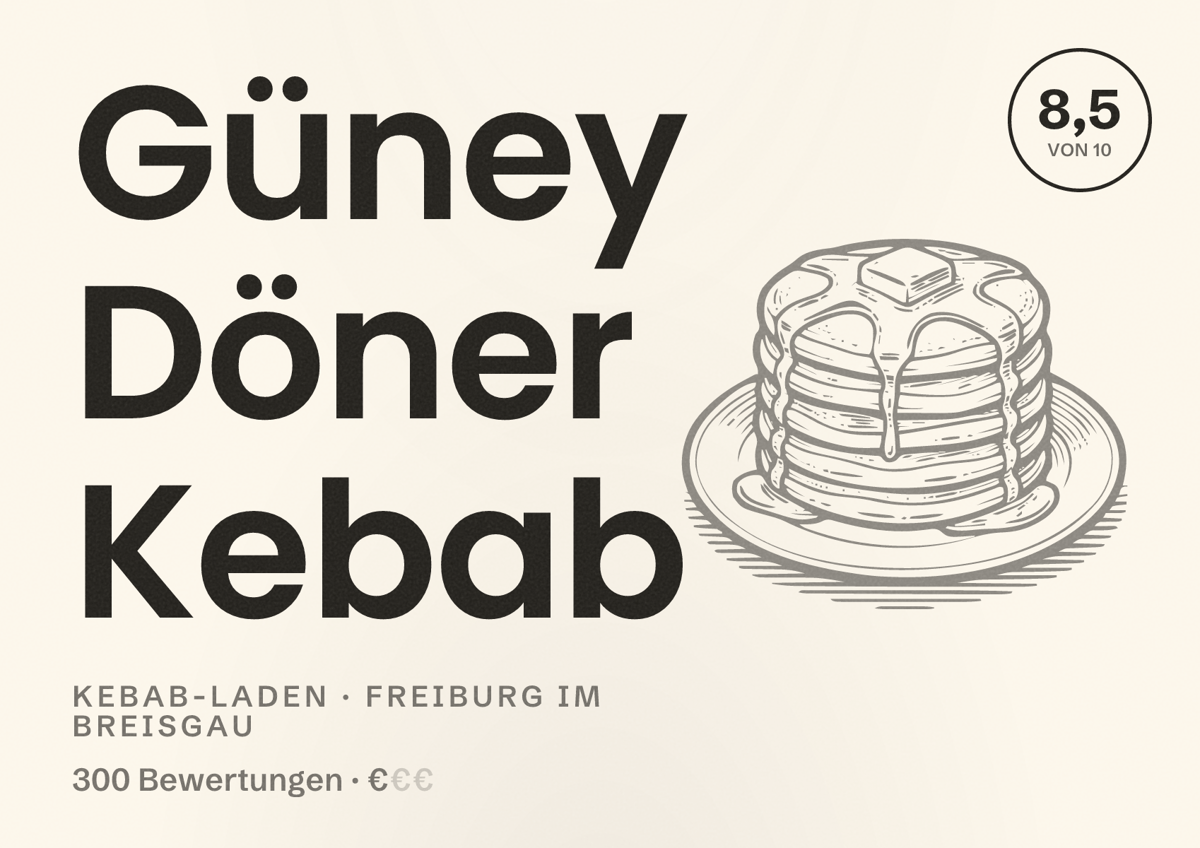 Illustriertes Poster von Güney Döner Kebab, Kebab-Laden in Freiburg im Breisgau: Bewertung 8,5 von 10 aus 300 Bewertungen, Preisniveau €