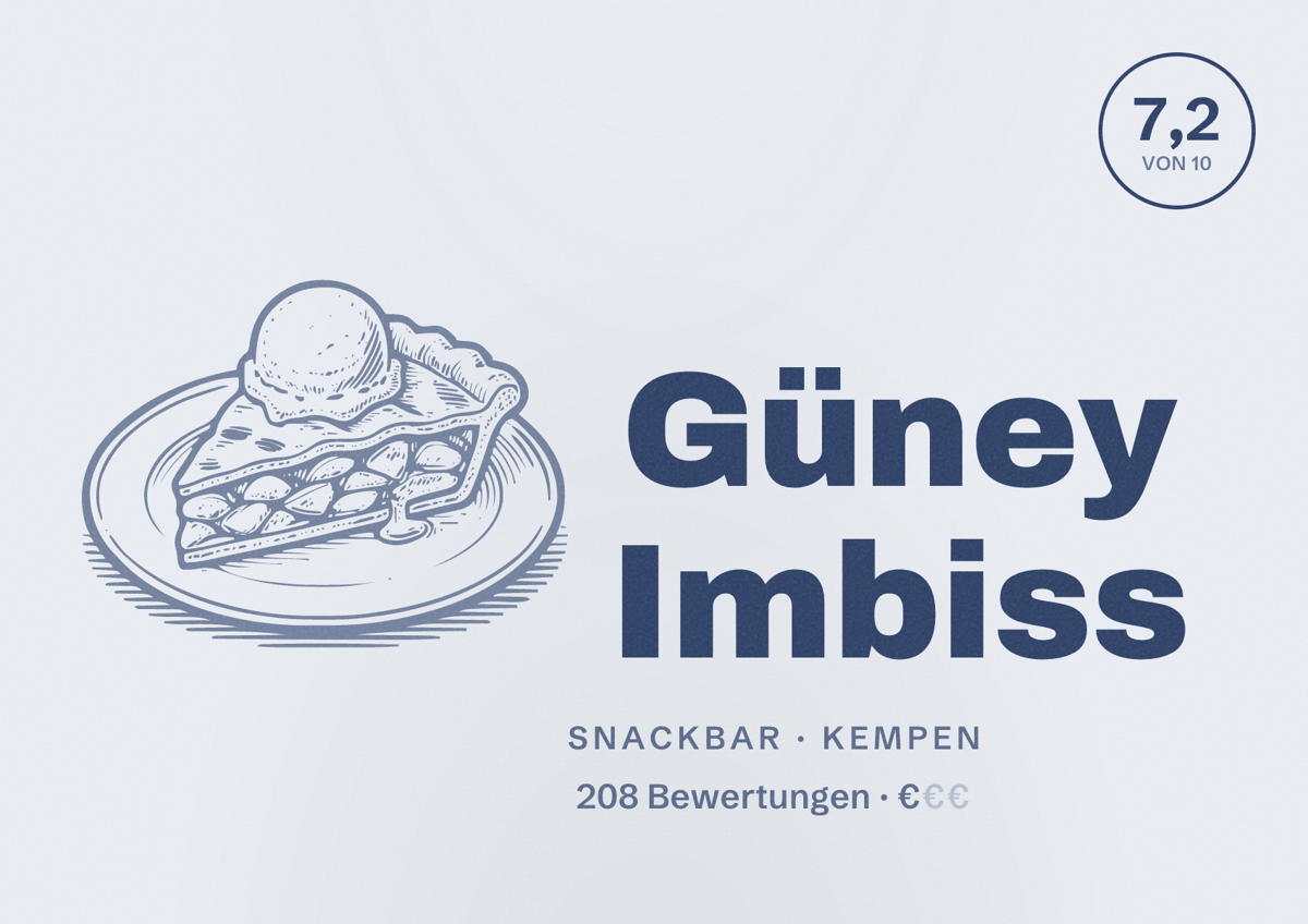 Illustriertes Poster von Güney Imbiss, Snackbar in Kempen: Bewertung 7,2 von 10 aus 208 Bewertungen, Preisniveau €
