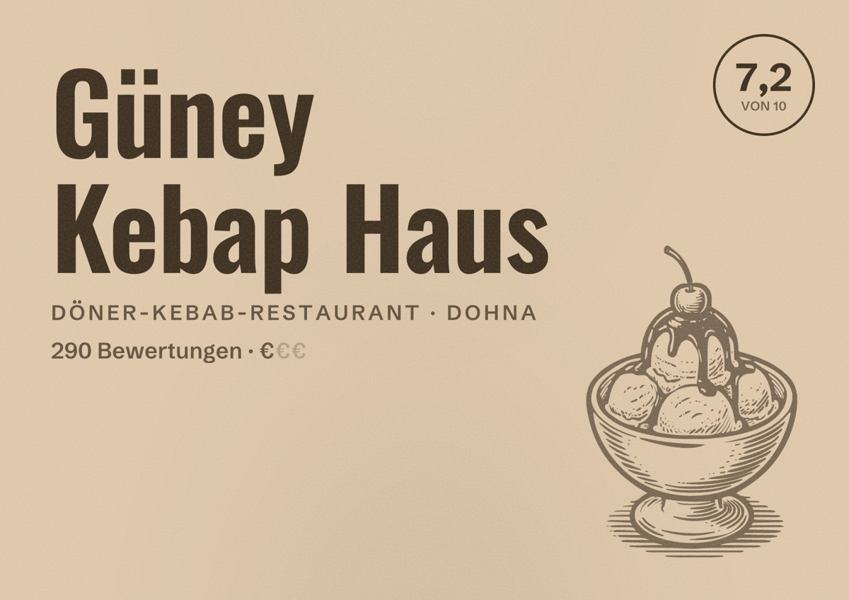 Illustriertes Poster von Güney Kebap Haus, Döner-Kebab-Restaurant in Dohna: Bewertung 7,2 von 10 aus 290 Bewertungen, Preisniveau €