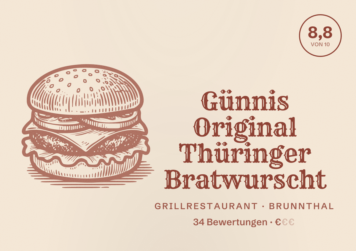 Illustriertes Poster von Günnis Original Thüringer Bratwurscht, Grillrestaurant in Brunnthal: Bewertung 8,8 von 10 aus 34 Bewertungen, Preisniveau €