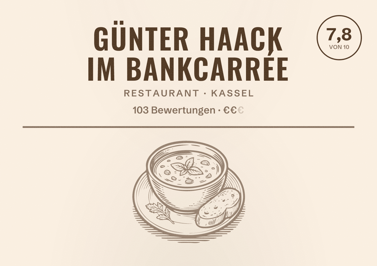 Illustriertes Poster von Günter Haack im bankcarrée, Restaurant in Kassel: Bewertung 7,8 von 10 aus 103 Bewertungen, Preisniveau €€