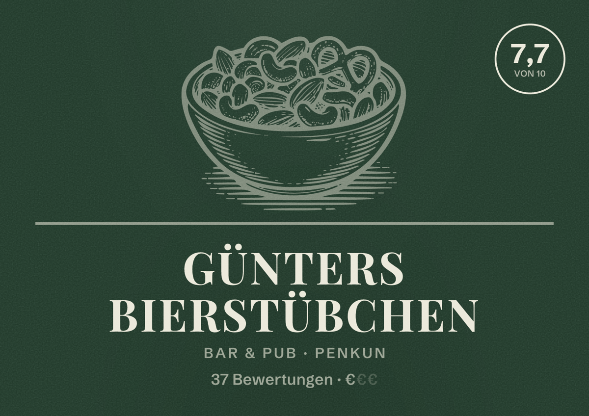 Illustriertes Poster von Günters Bierstübchen, Bar & Pub in Penkun: Bewertung 7,7 von 10 aus 37 Bewertungen, Preisniveau €