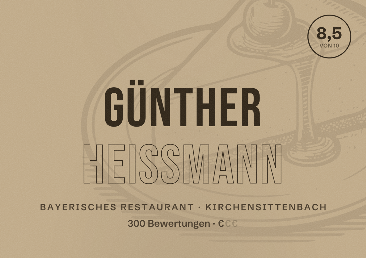 Illustriertes Poster von Günther Heißmann, Bayerisches Restaurant in Kirchensittenbach: Bewertung 8,5 von 10 aus 300 Bewertungen, Preisniveau €