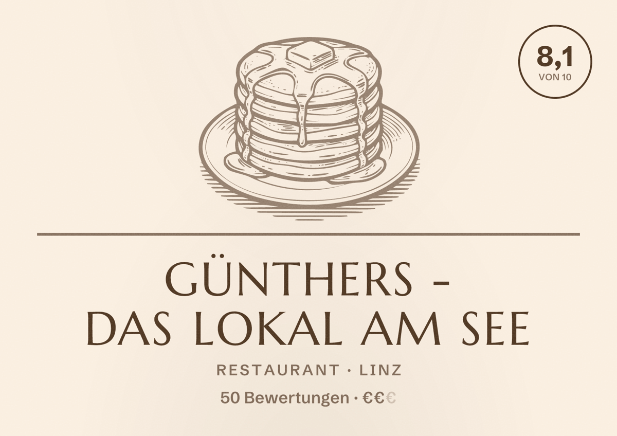Illustriertes Poster von Günthers - das Lokal am See, Restaurant in Linz: Bewertung 8,1 von 10 aus 50 Bewertungen, Preisniveau €€