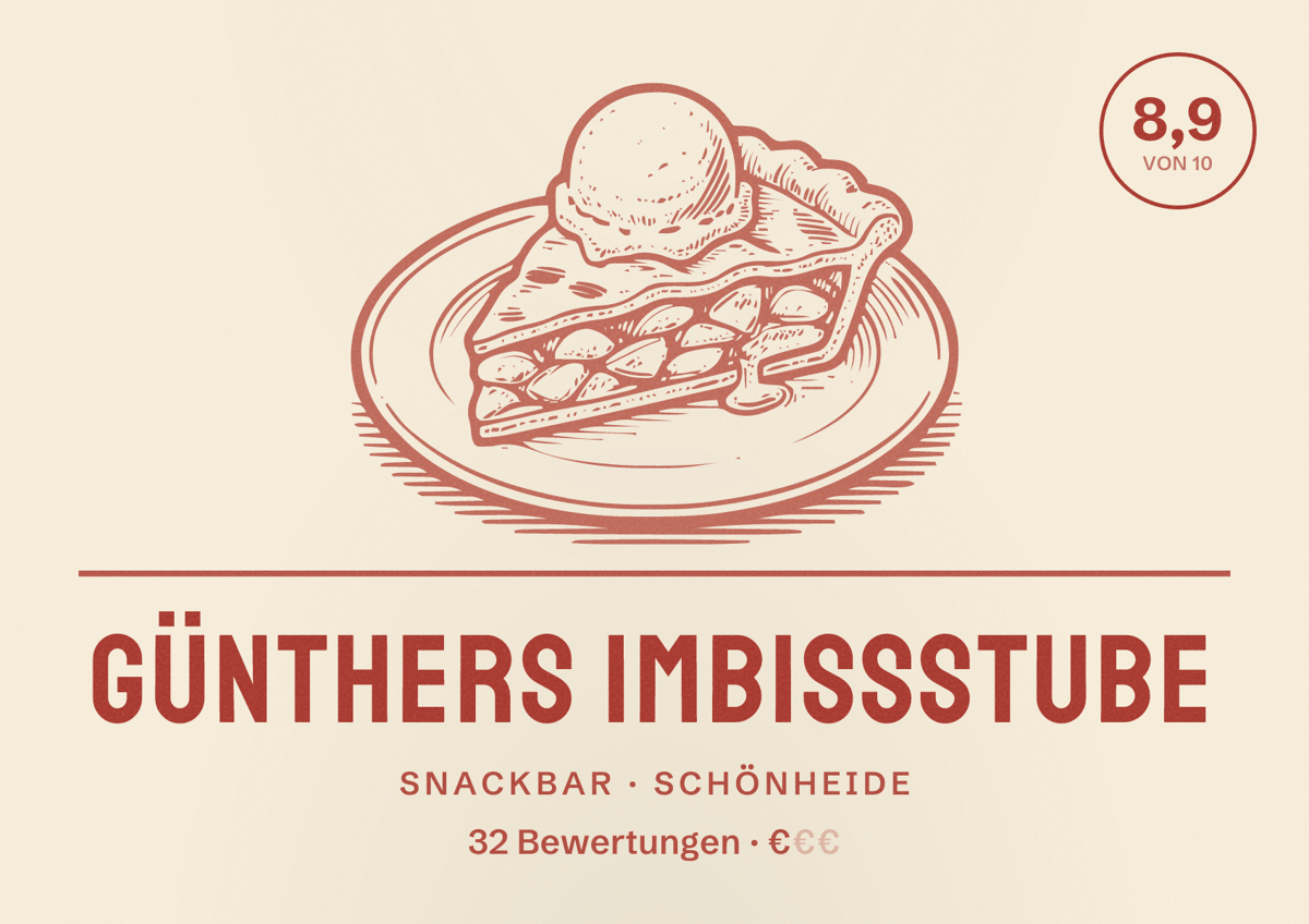 Illustriertes Poster von Günthers Imbißstube, Snackbar in Schönheide: Bewertung 8,9 von 10 aus 32 Bewertungen, Preisniveau €