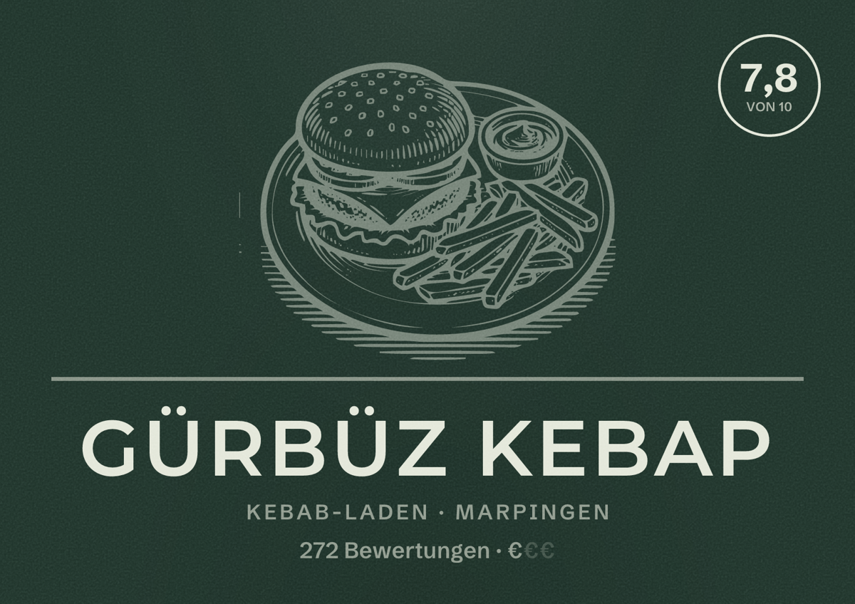 Illustriertes Poster von Gürbüz Kebap, Kebab-Laden in Marpingen: Bewertung 7,8 von 10 aus 272 Bewertungen, Preisniveau €