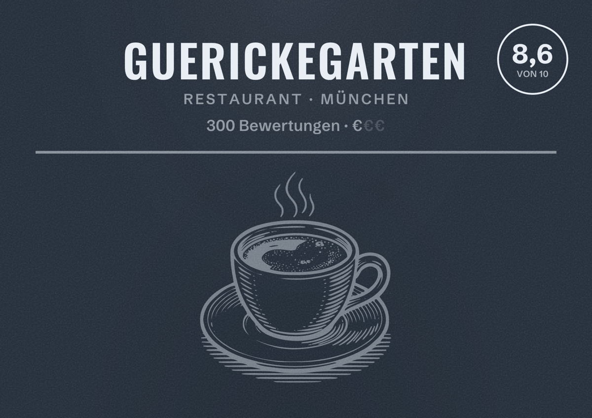 Illustriertes Poster von Guerickegarten, Restaurant in München: Bewertung 8,6 von 10 aus 300 Bewertungen, Preisniveau €