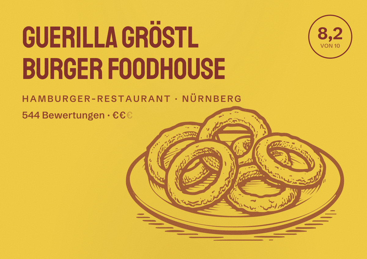Illustriertes Poster von Guerilla Gröstl Burger Foodhouse, Hamburger-Restaurant in Nürnberg: Bewertung 8,2 von 10 aus 544 Bewertungen, Preisniveau €€
