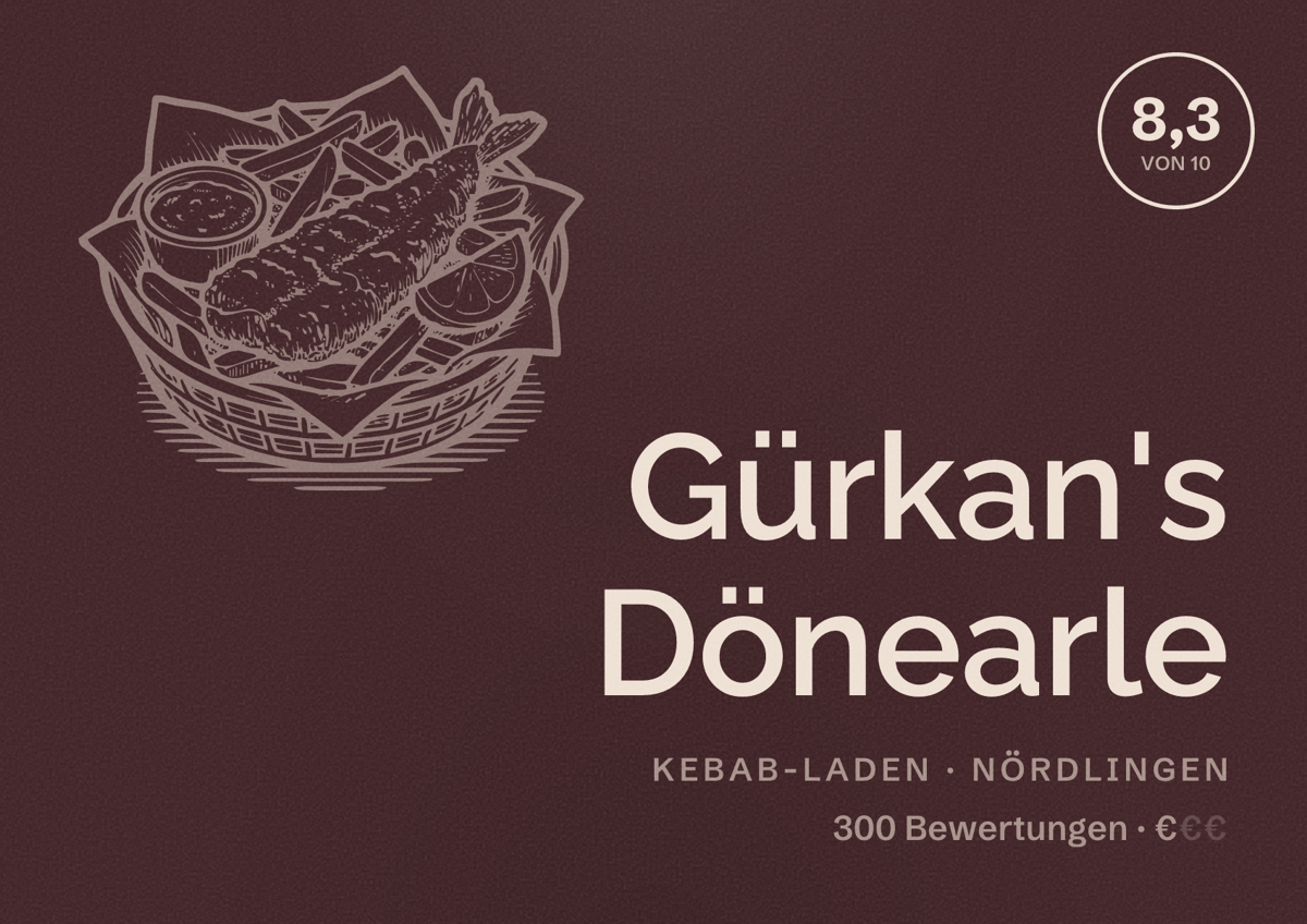 Illustriertes Poster von Gürkan's Dönearle, Kebab-Laden in Nördlingen: Bewertung 8,3 von 10 aus 300 Bewertungen, Preisniveau €