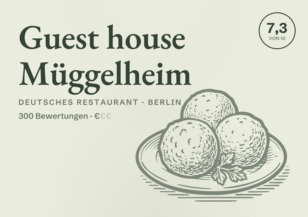 Illustriertes Poster von Guest house Müggelheim, Deutsches Restaurant in Berlin: Bewertung 7,3 von 10 aus 300 Bewertungen, Preisniveau €