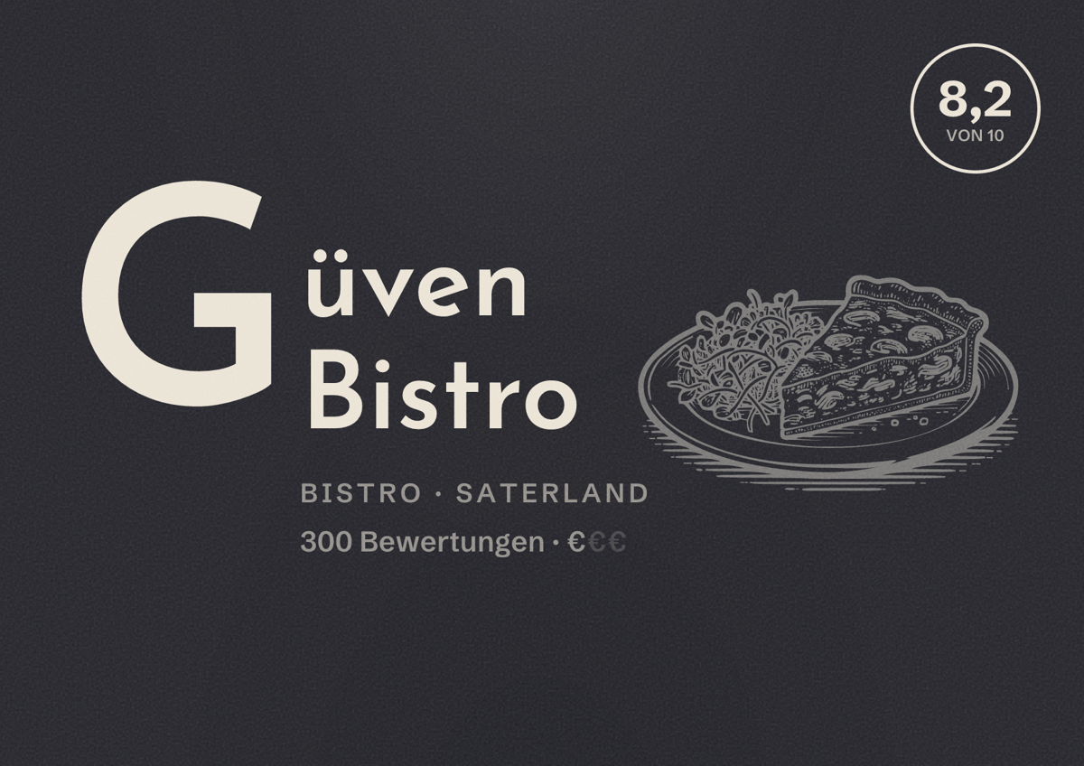Illustriertes Poster von Güven Bistro, Bistro in Saterland: Bewertung 8,2 von 10 aus 300 Bewertungen, Preisniveau €